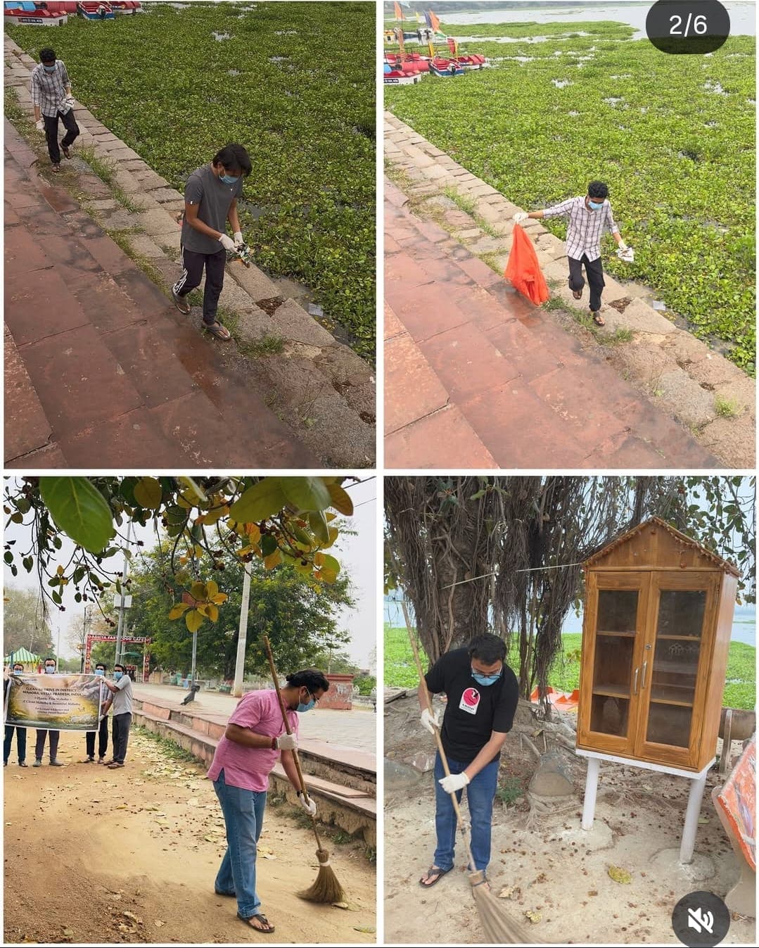 Volunteers clearing the lake steps at Station Road, Mahoba, during a community clean-up drive.
