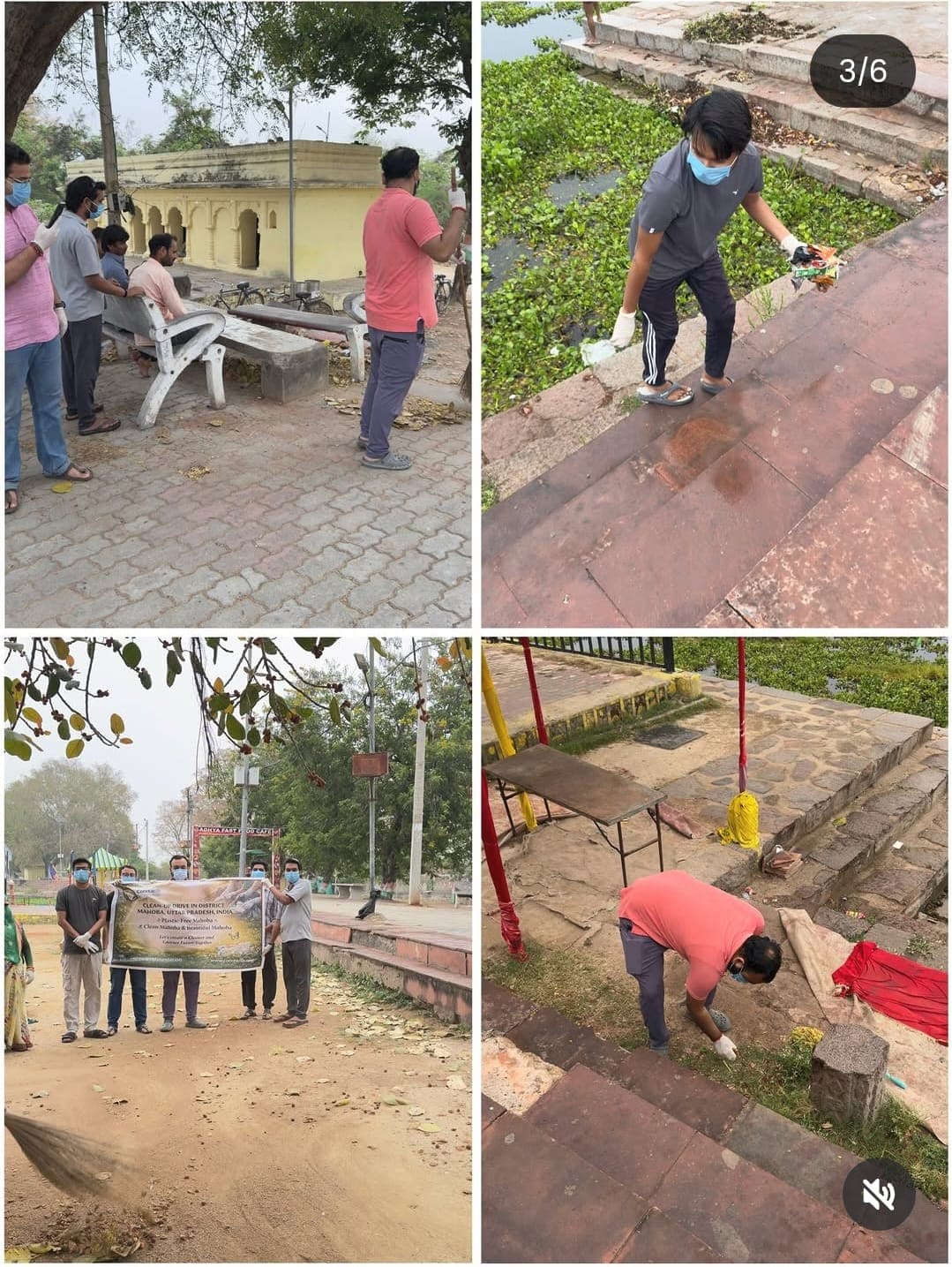 Volunteers clearing the lake steps at Station Road, Mahoba, during a community clean-up drive.