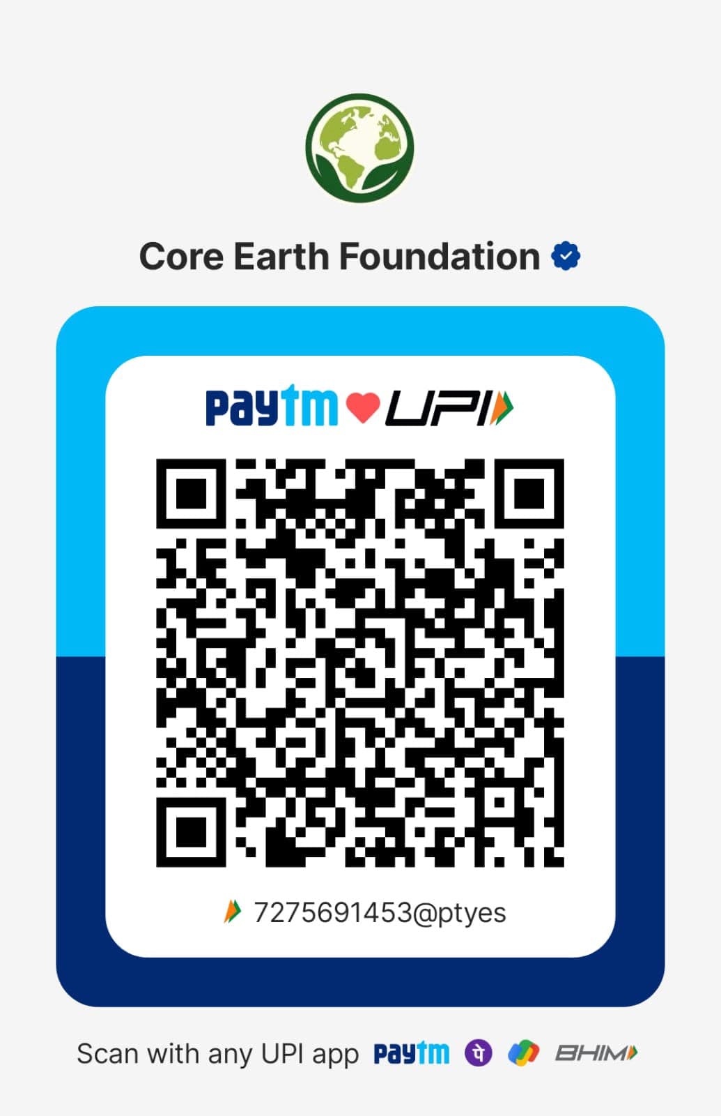 UPI donation QR code for CoreEarth Foundation